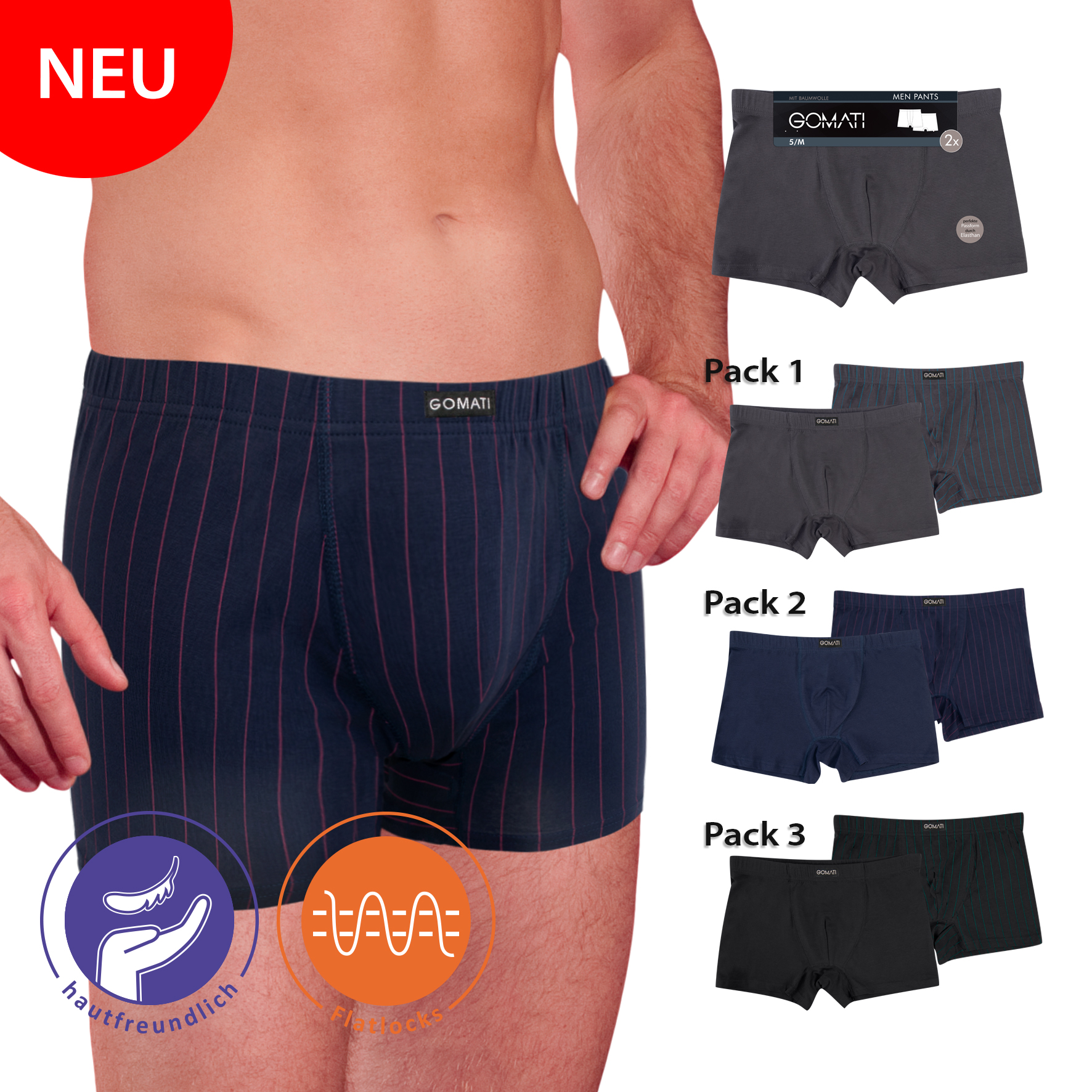 Herren Pants 2er-Pack BW/EL uni gestreift