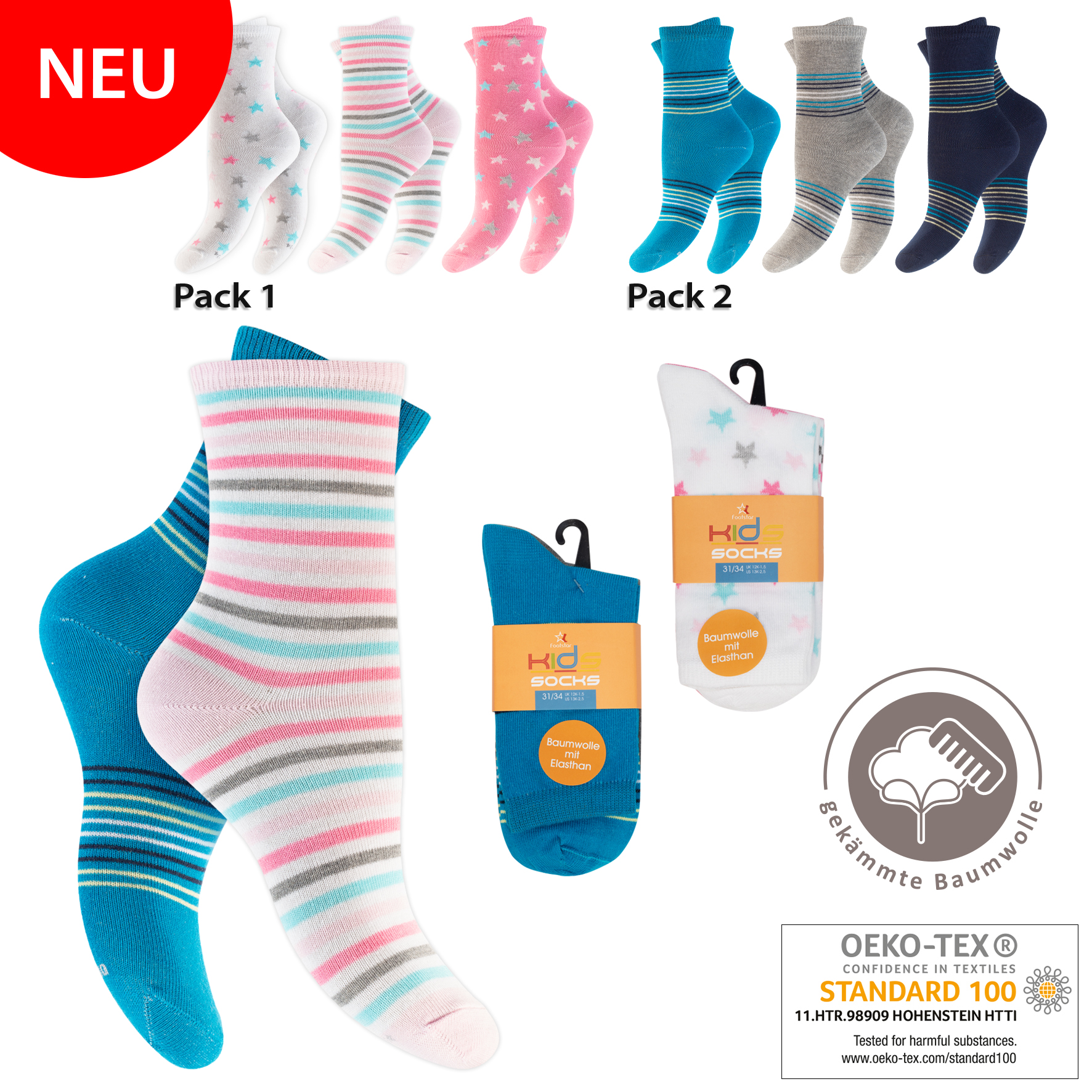 Kinder Socken 3er-Pack BW/EL Ripp-Bund geringelt
