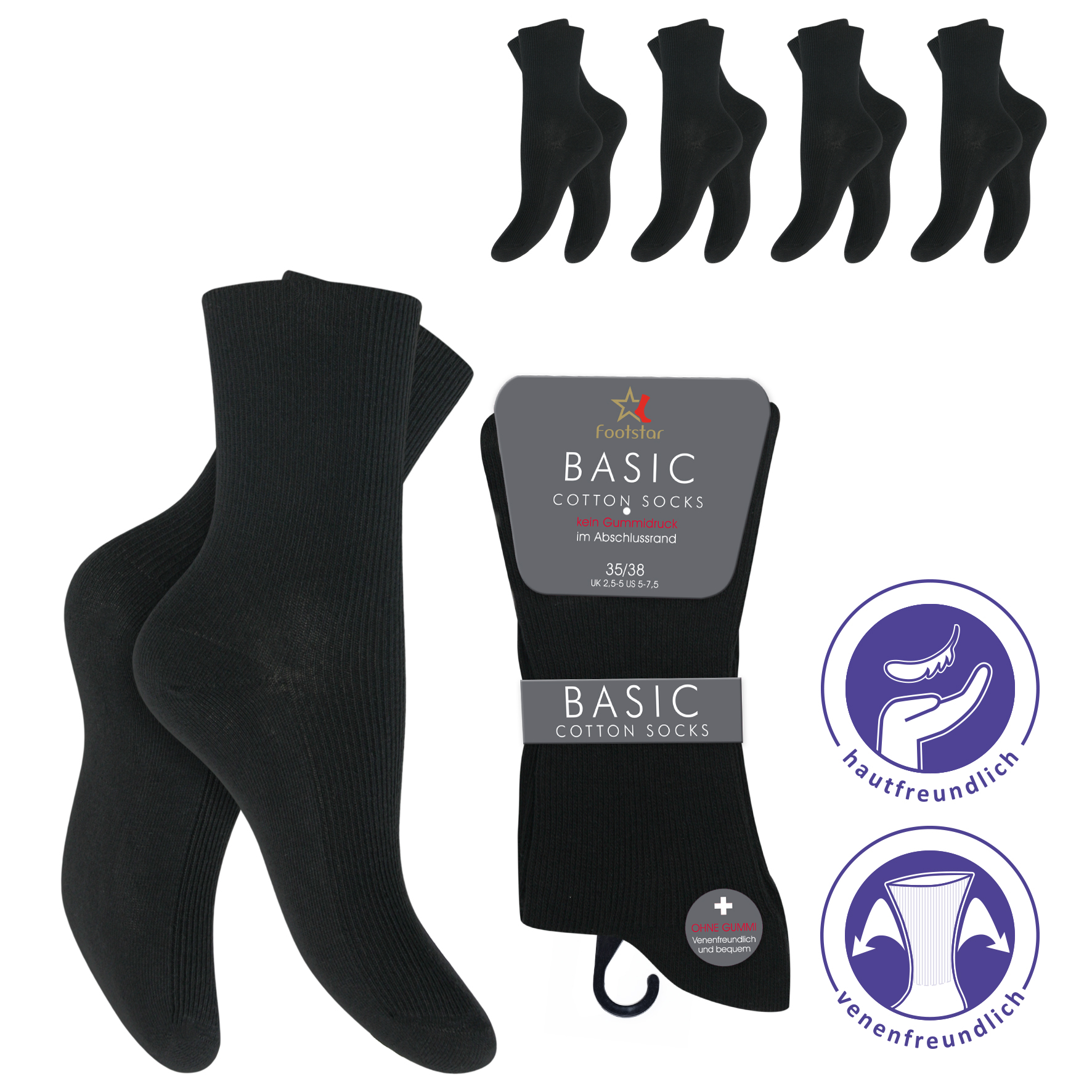 Damen Socken 4er-Pack handgekettelt uni