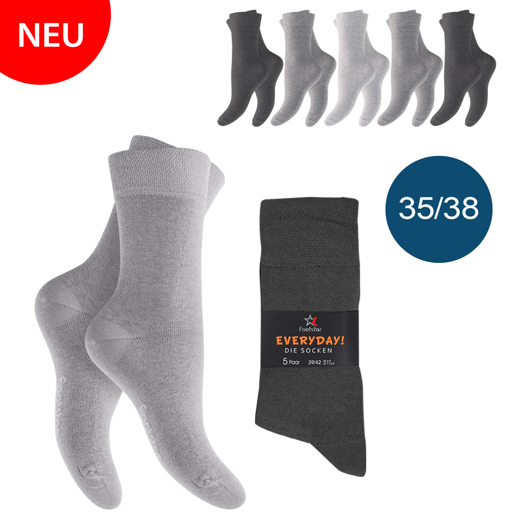 Herren Socken 5er-Pack 35/38 BWL/EL Grautöne